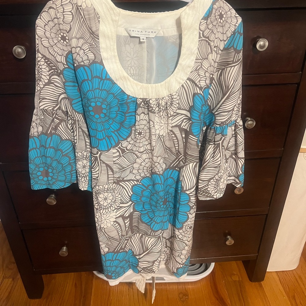 Trina Turk Blue Graphic 3/4 Sleeve Blouse
